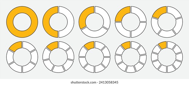 Hollow circle divided into 1-10 parts icon set in yellow and white color with outline. Hollow circle segment diagram in 1-10 parts graph icon pie shape section chart in yellow on white background.