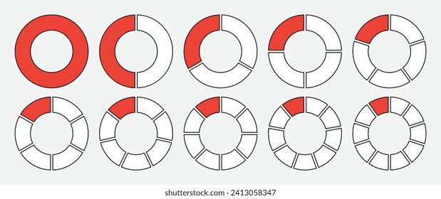 Círculo hueco dividido en un icono de 1 a 10 partes, de color rojo y blanco con contorno. Diagrama de segmentos de círculo hueco en la gráfica de sección de forma circular de icono de gráfico de 1 a 10 partes en rojo sobre fondo blanco.