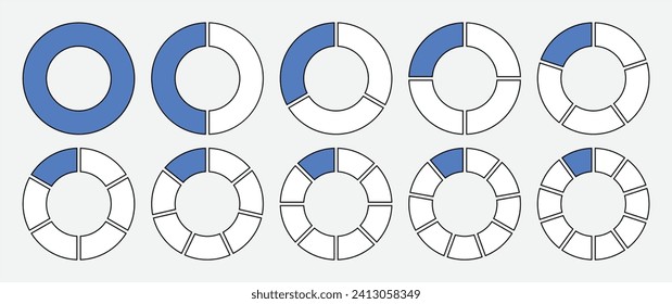 Hollow circle divided into 1-10 parts icon set in blue and white color with outline. Hollow circle segment diagram in 1-10 parts graph icon pie shape section chart in blue on white background.