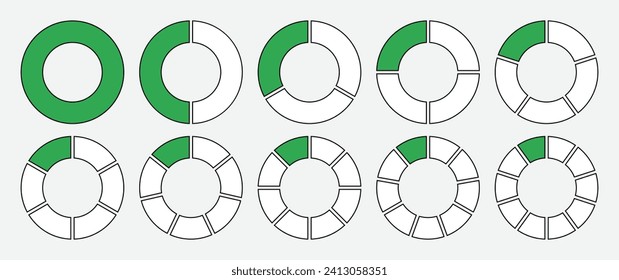 Hollow circle divided into 1-10 parts icon set in green and white color with outline. Hollow circle segment diagram in 1-10 parts graph icon pie shape section chart in green on white background.