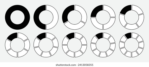 Hollow circle divided into 1-10 parts icon set in black and white color with outline. Hollow circle segment diagram in 1-10 parts graph icon pie shape section chart in black on white background.