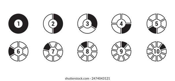 Círculo hueco dividido en 1-10 partes icono conjunto en color blanco y negro con contorno. sección de forma de gráfico circular Diagrama de segmento de círculo hueco gráfico icono gráfico en negro sobre fondo blanco