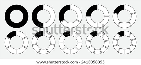 Hollow circle divided into 1-10 parts icon set in black and white color with outline. Hollow circle segment diagram in 1-10 parts graph icon pie shape section chart in black on white background.