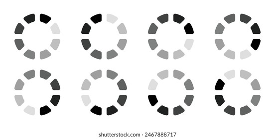 Hollow circle divided into eight rounded parts vector icon set. Buffering, Downloading, Uploading, Processing symbol collection. Internet download or upload buffering symbol icon set.