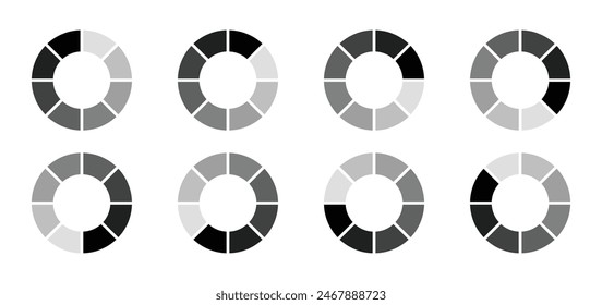 Hollow circle divided into eight parts vector icon set. Loading icon set with eight shades of black. Internet download or upload buffering symbol icons isolated on white background.