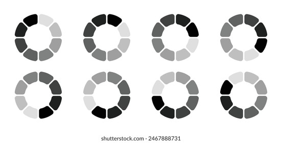 Hollow circle divided into eight rounded parts vector icon set. Internet download or upload buffering symbols. Buffering, Downloading, Uploading, Processing symbol set isolated on white background.