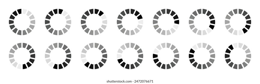 Hollow circle segmented into 14 parts buffering icon set. Set of hollow circles divided into fourteen shades of black colour loading, processing or buffering icon isolated on white background.