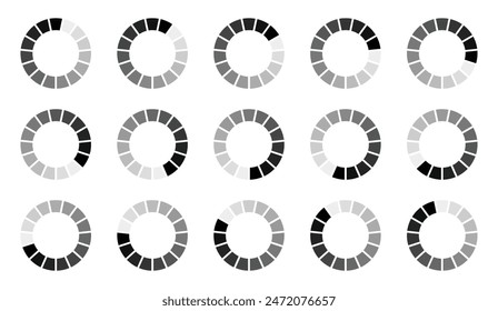 Hollow circle segmented into 15 parts buffering icon set. Set of hollow circles divided into fifteen shades of black colour loading, processing or buffering icon isolated on white background.