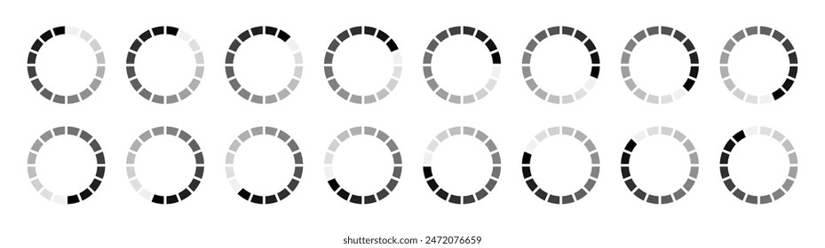 Hollow circle segmented into 16 parts buffering or loading symbol set. Set of hollow circle divided into sixteen shades of black colour isolated on white background.