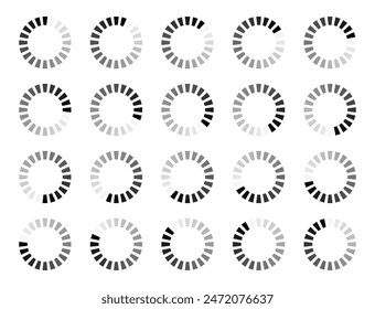 Hollow circle segmented into 20 parts of buffering icon set. Set of hollow circles divided into twenty shades of black colour loading, processing or buffering icon isolated on white background.