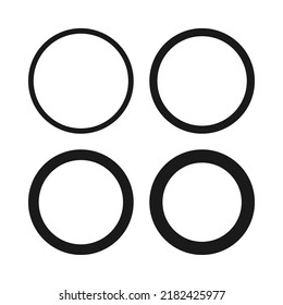 Hollow circle stroke round icon set. A group of 4 circular shapes with varying degrees of thickness. Isolated on a white background.