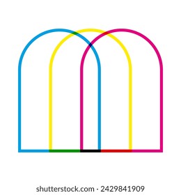 Hollow CMY colour mix arch icon. Three archway outline symbols in cyan, magenta and yellow. Overlapping to create green, blue, red and black. Isolated on a white background.