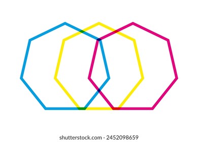Hollow CMY colour mix heptagon icon. Heptagonal symbols in cyan, magenta and yellow. Overlapping to create green, red and blue. Isolated on a white background.
