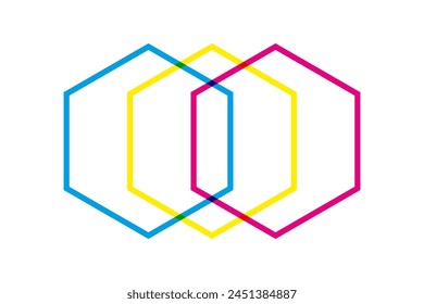 Hollow CMY colour mix hexagon icon. Hexagonal shapes in cyan, magenta and yellow. Overlapping to create green, red and blue. Isolated on a white background.