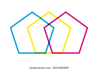 Hollow CMY colour mix pentagon icon. Pentagonal symbols in cyan, magenta and yellow. Overlapping to create green, red and blue. Isolated on a white background.