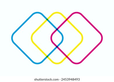 Hollow CMY colour mix, rounded squares. Outline shapes in cyan, magenta and yellow. Overlapping to create green, red and blue. Isolated on a white background.