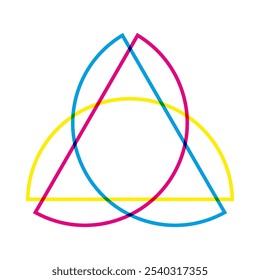 Hollow CMY colour mix, semicircles icon. A triangular arrangement of half-circle outlines in cyan, magenta and yellow. Isolated on a white background.