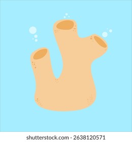Hollow coral serving as fish shelter,
surrounded by small shallow sea corals,
flat art design style.