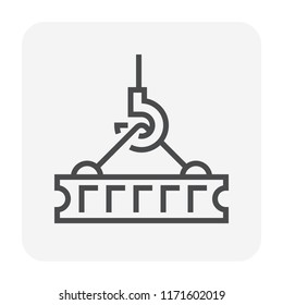 Hollow core slab and crane hook lifting vector icon. Installation or construction of prefabricated element or member of concrete structure for building. Casting and reinforced by composite material.