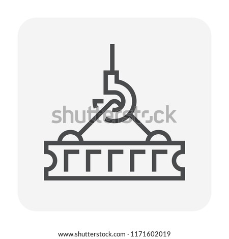 Hollow core slab and crane hook lifting vector icon. Installation or construction of prefabricated element or member of concrete structure for building. Casting and reinforced by composite material.