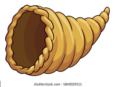 Hollow cornucopia or horn of plenty in cartoon style with outlines, isolated over white background,