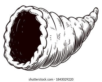 La cornucopia hueca o el cuerno de abundancia de estilo esculpido a mano, aislados en un fondo blanco.