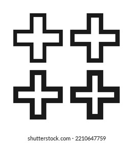 Hollow cross thick stroke shape icons. A group of 4 line shapes with varying degrees of thickness. Isolated on a white background.
