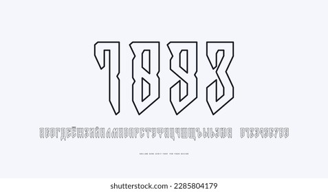 Hollow cyrillic sans serif font in viking style. Letters and numbers for logo and emblem design