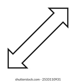 Ícone de forma de seta dupla diagonal vazada. Símbolo de direção de contorno em ângulo com dois lados. Isolado em um fundo branco.