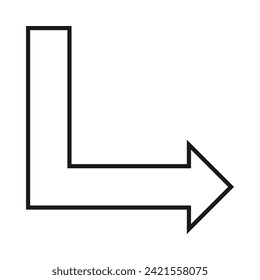 Hollow down right, corner arrow icon. A black outline directional symbol. Isolated on a white background.