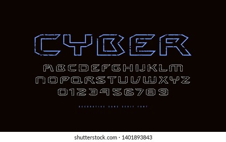 Hollow extended sans serif font in cyber style. Letters and numbers with vintage texture for sci-fi, movie, cyber and space logo design. Color print on black background