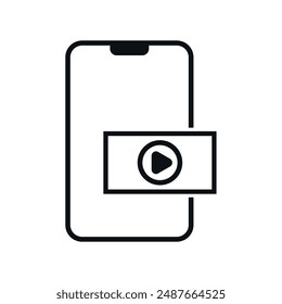 Hollow flat icon of cell phone with video player for websites and graphic resources.