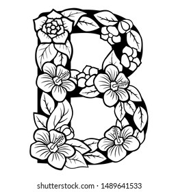 Hollow flowers English letters, wedding fonts.English alphabet. Black lettering.Letter. Vector handwritten brush script. ABC Painted Letters. Painted Alphabet. Education. Letter B