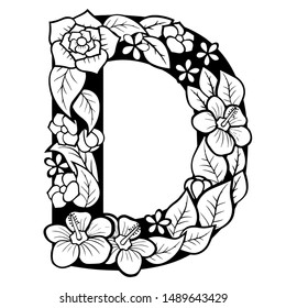 Hollow flowers English letters, wedding fonts.English alphabet. Black lettering.Letter. Vector handwritten brush script. ABC Painted Letters. Painted Alphabet. Education. Letter D