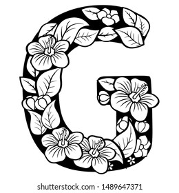 Hollow flowers English letters, wedding fonts.English alphabet. Black lettering.Letter. Vector handwritten brush script. ABC Painted Letters. Painted Alphabet. Education. Letter G
