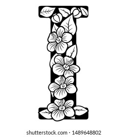 Hollow flowers English letters, wedding fonts.English alphabet. Black lettering.Letter. Vector handwritten brush script. ABC Painted Letters. Painted Alphabet. Education. Letter I