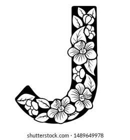 Hollow flowers English letters, wedding fonts.English alphabet. Black lettering.Letter. Vector handwritten brush script. ABC Painted Letters. Painted Alphabet. Education. Letter J