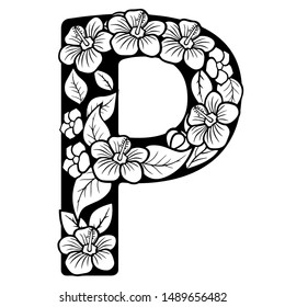 Hollow flowers English letters, wedding fonts.English alphabet. Black lettering.Letter. Vector handwritten brush script. ABC Painted Letters. Painted Alphabet. Education. Letter P