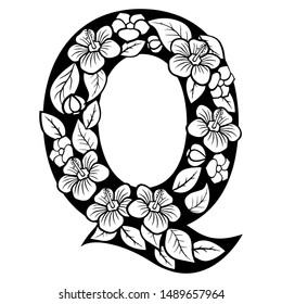 Hollow flowers English letters, wedding fonts.English alphabet. Black lettering.Letter. Vector handwritten brush script. ABC Painted Letters. Painted Alphabet. Education. Letter Q