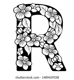 Hollow flowers English letters, wedding fonts.English alphabet. Black lettering.Letter. Vector handwritten brush script. ABC Painted Letters. Painted Alphabet. Education. Letter R