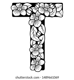 Hollow flowers English letters, wedding fonts.English alphabet. Black lettering.Letter. Vector handwritten brush script. ABC Painted Letters. Painted Alphabet. Education. Letter T