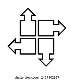 Hollow four arrows square stroke icon. A quartet of black outline direction shapes. Isolated on a white background.