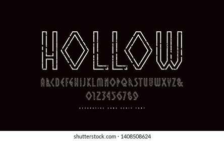 Hollow geometric sans serif font. Letters and numbers with vintage texture for viking, military logo and emblem design. White print on black background