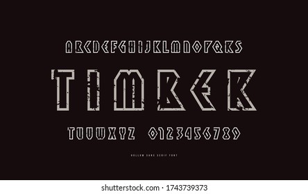 Hollow geometric sans serif font in viking style. Letters and numbers with rough texture for logo and emblem design