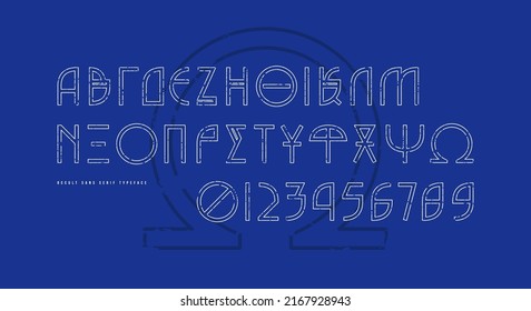 Hollow Greek Decorative Sans Serif Font In The Style Of Esoteric Signs. Letters And Numbers With Vintage Texture For Logo And Label Design