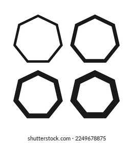 Hollow heptagon stroke shape icon set. A group of 4 heptagonal line shapes with varying degrees of thickness. Isolated on a white background.