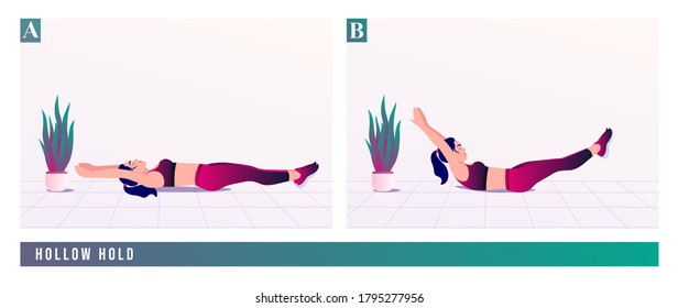 Hollow Hold exercise, Woman workout fitness, aerobic and exercises. Vector Illustration.