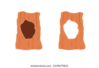 Hollow and hole in tree, cartoon flat vector illustration isolated on white background. Set of tree trucks with burrows. Wild and forest animals home or shelter.