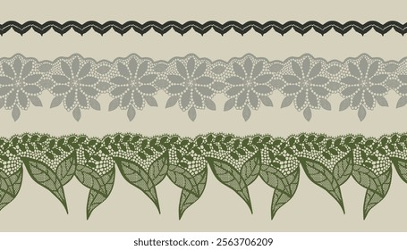 Hollow lace trim with three different colors and leaf patterns