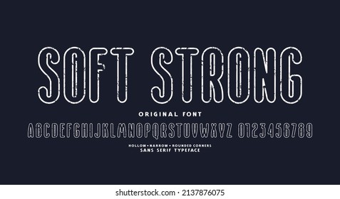 Hollow narrow sans serif font with rounded corners. Letters and numbers with rough texture for logo and emblem design. Vector illustration. White print on black background